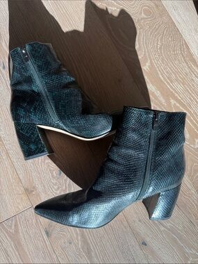 Pointed Toe Ankle Boots in Dark Teal Snake Print